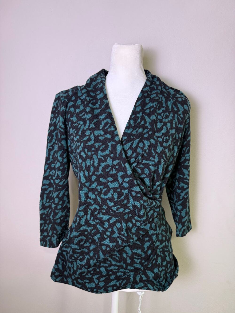 Victor Alfaro Y2K Top Womens M Teal Black Animal Print Cowl Neck 3/4 Sleeve